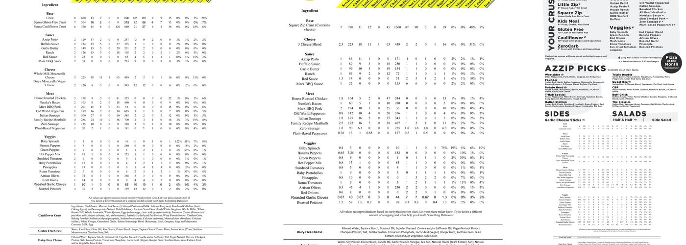 Azzip Pizza Menu
