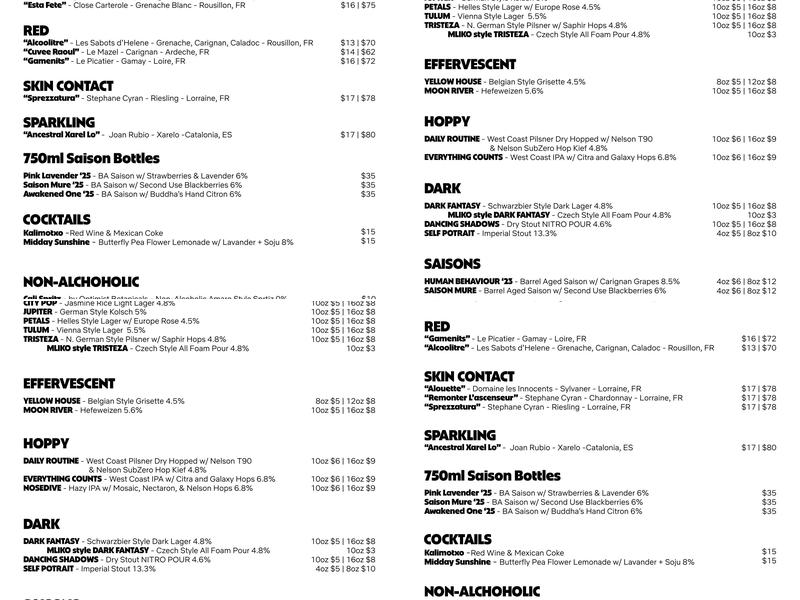 Bar Homage Menu