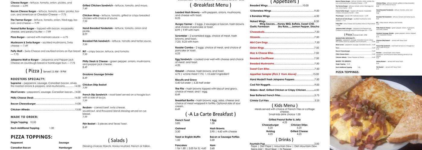Roosters Bar & Grill Menu