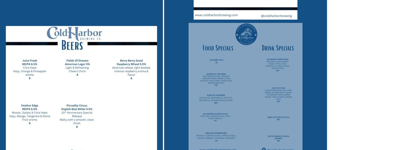 Cold Harbor Brewing LLC Menu