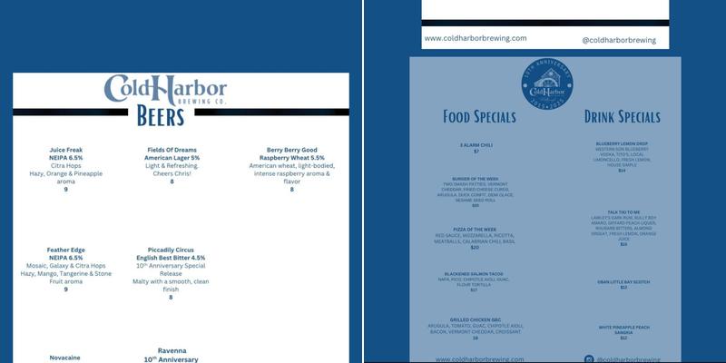 Cold Harbor Brewing LLC Menu
