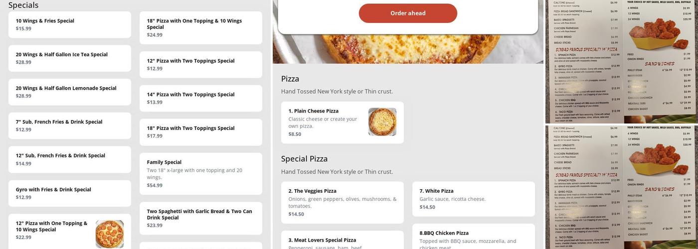 Sinbad's pizza and seafood Menu