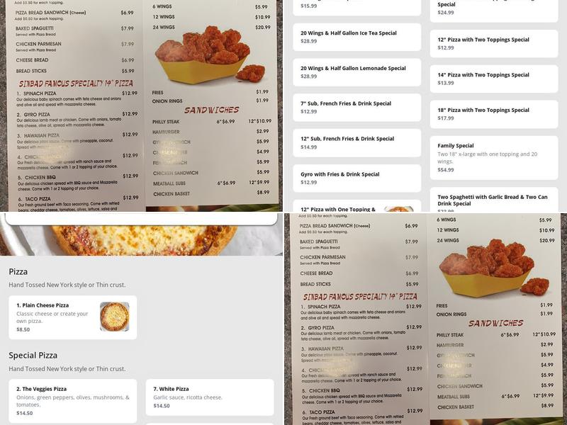 Sinbad's pizza and seafood Menu