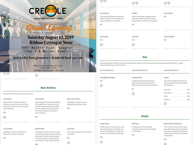 Creole Jamaican Kitchen + Bar Menu