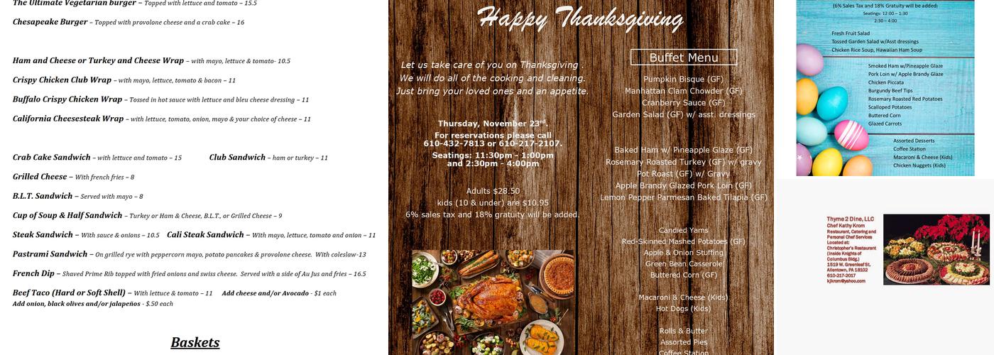 Thyme 2 Dine Menu