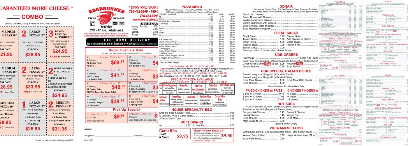 Roadrunner Pizza Whyte Ave Menu