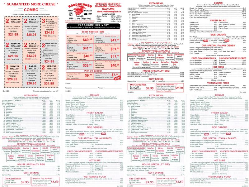 Roadrunner Pizza Whyte Ave Menu
