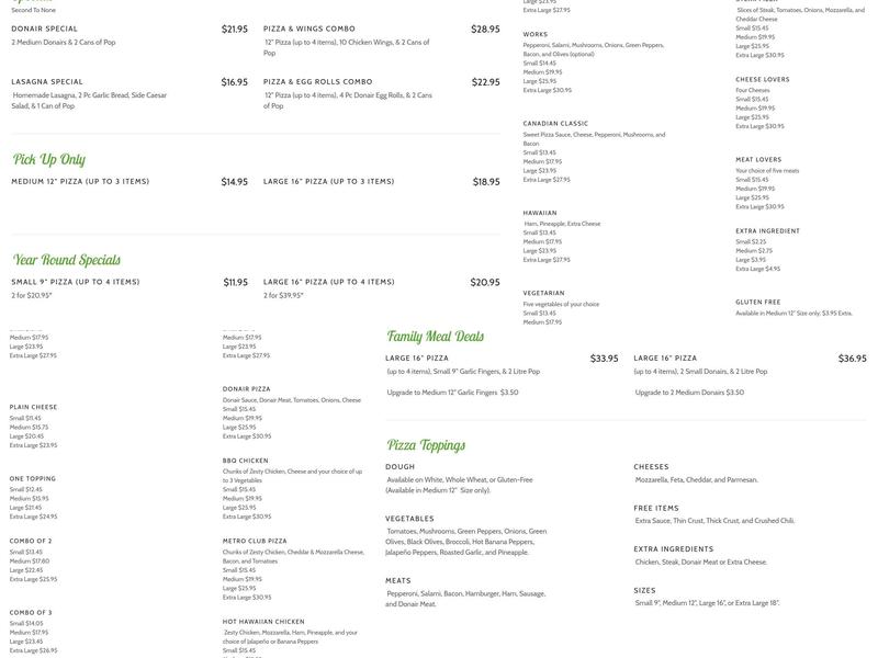 Metro Pizza Menu