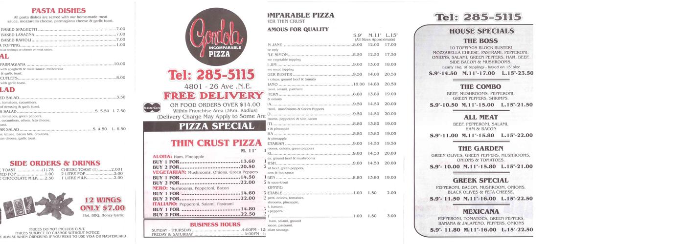 Gondola Incomparable Pizza Menu