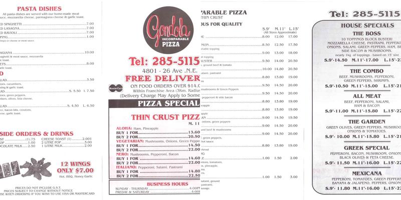 Gondola Incomparable Pizza Menu