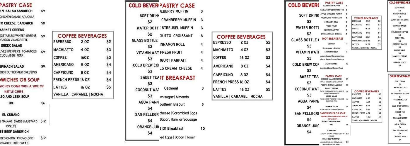 2101 Cafe Menu