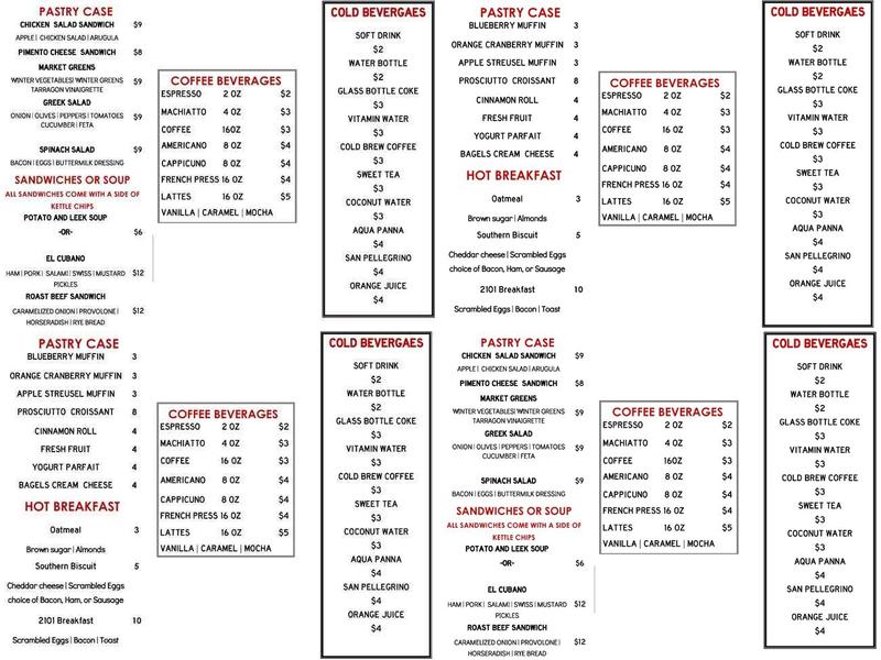 2101 Cafe Menu