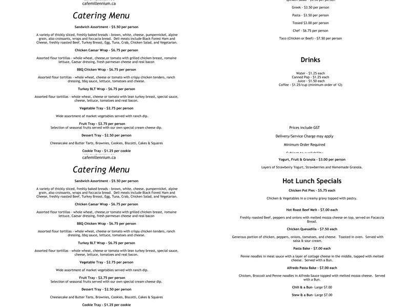 Cafe Millennium Inc. Menu