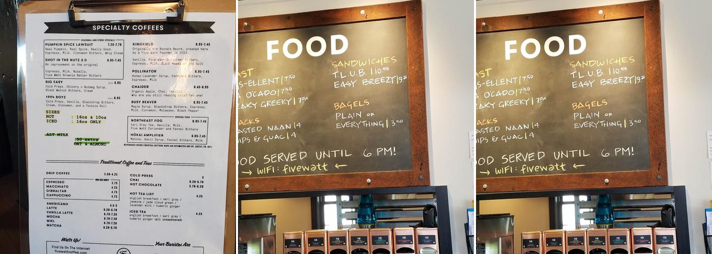 Five Watt Coffee, Lyndale Menu