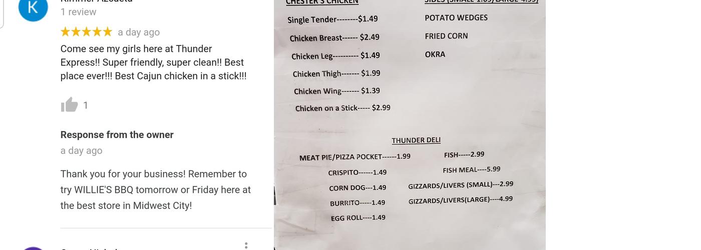 Thunder Express Stop Menu