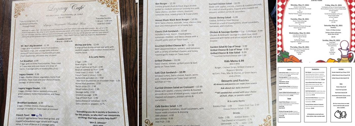 Legacy Cafe Menu