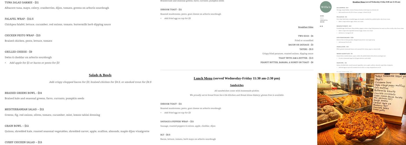 Willa's Menu