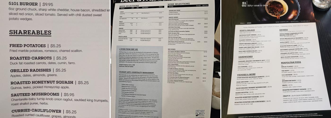 Fifty-One O One Student Run Restaurant Menu