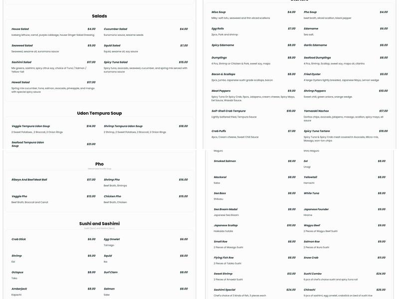 Sushi Yamazaki Bar & Grill Menu