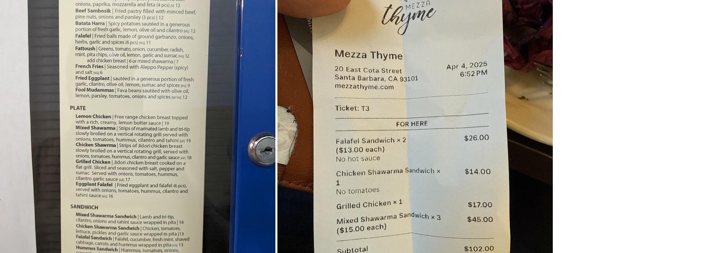 Mezza Thyme Menu