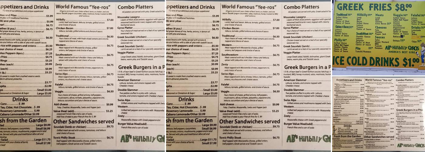 AB's Hillbilly Gyros Menu