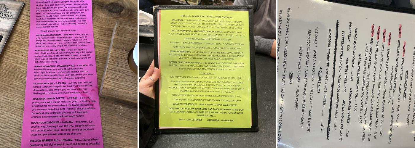 Screech Owl Brewing/Spent Grain Cafe Menu