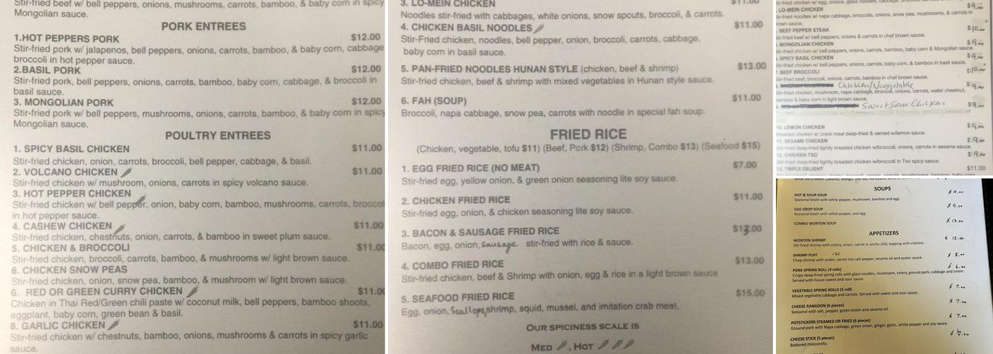 Natalia Thai, Chinese & Fah Menu
