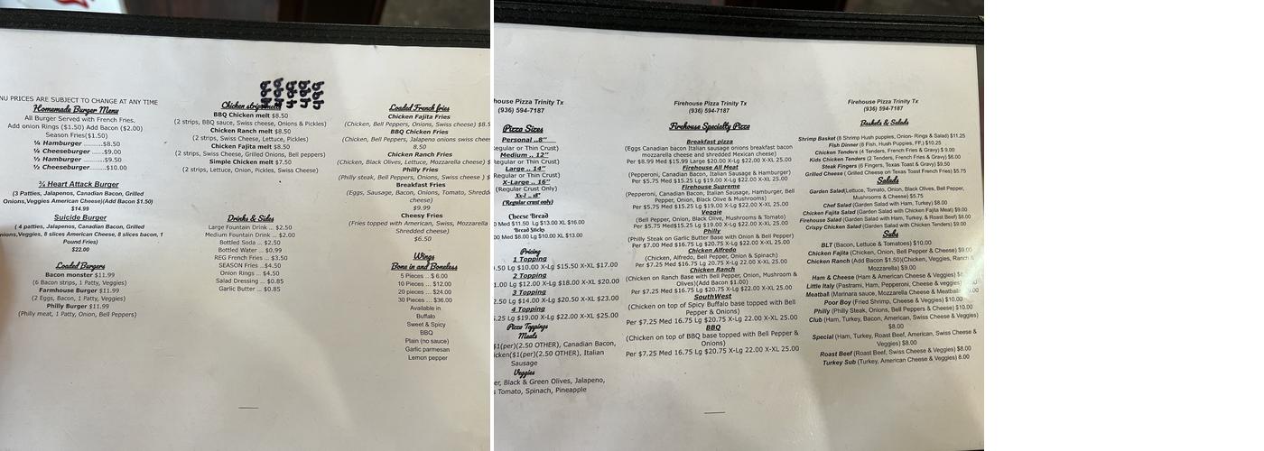 Firehouse Pizza Menu