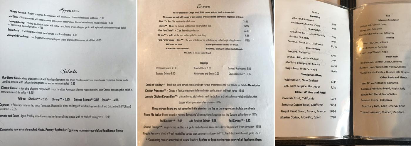 Joseph's Menu