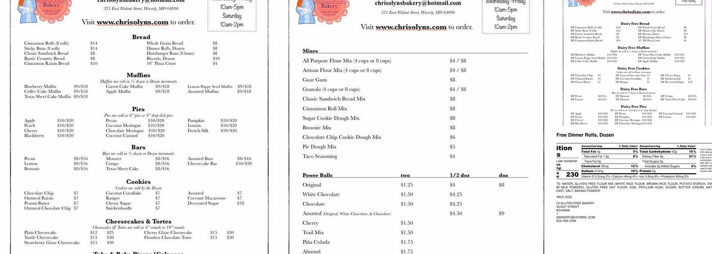 Chrisolyn's Gluten Free Bakery Menu