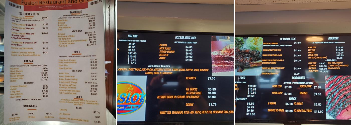 Fusion Restaurant and Grill Menu