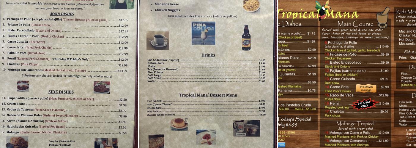 Tropical Maná Menu