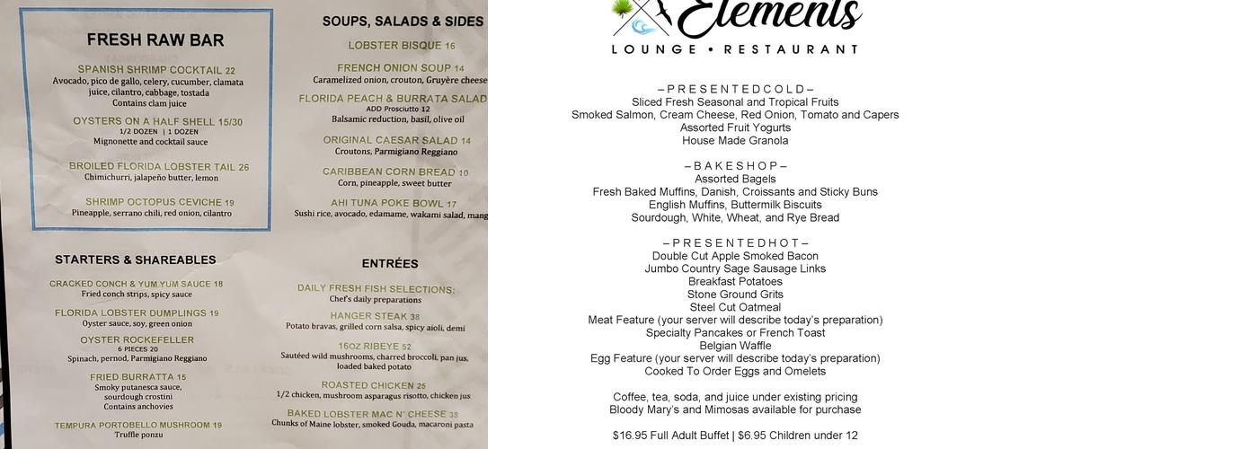 Elements Restaurant Menu