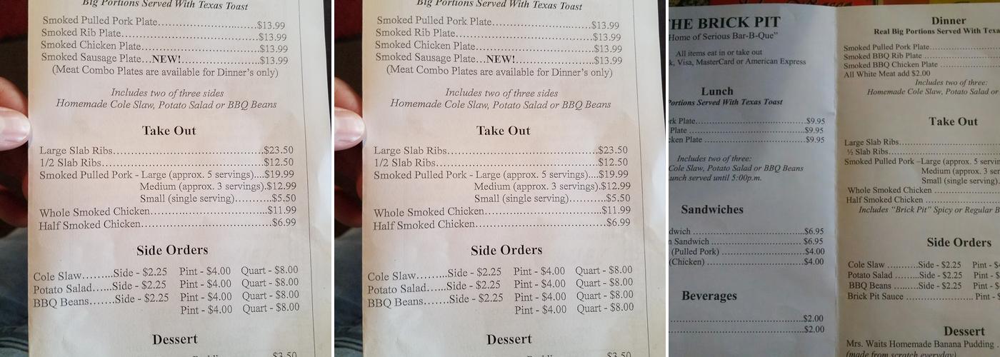 The Brick Pit Menu