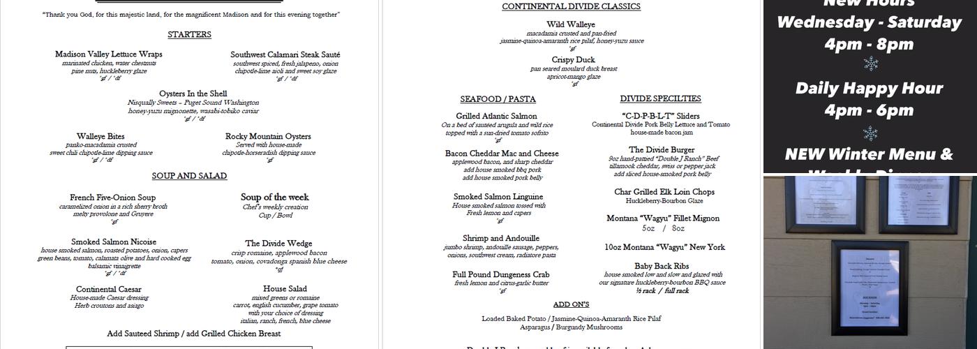 Continental Divide Restaurant Menu