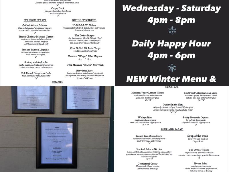 Continental Divide Restaurant Menu