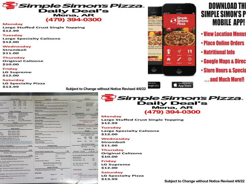 Simple Simon's Pizza Menu