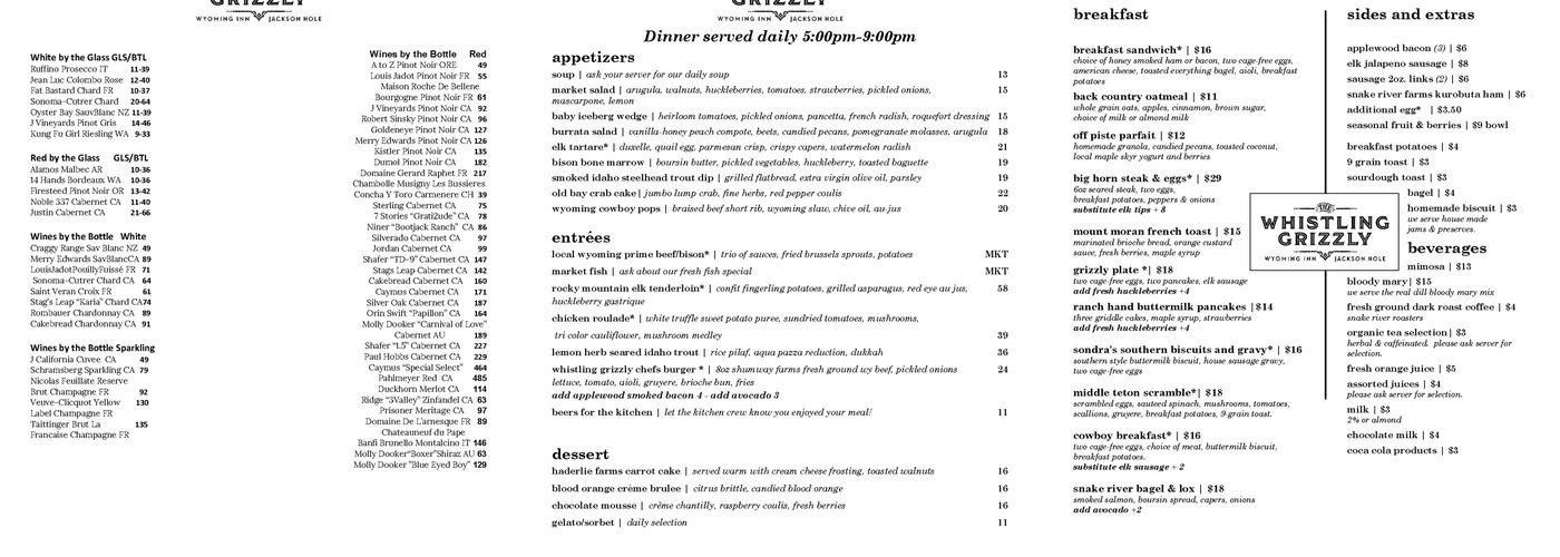 The Whistling Grizzly Restaurant Menu