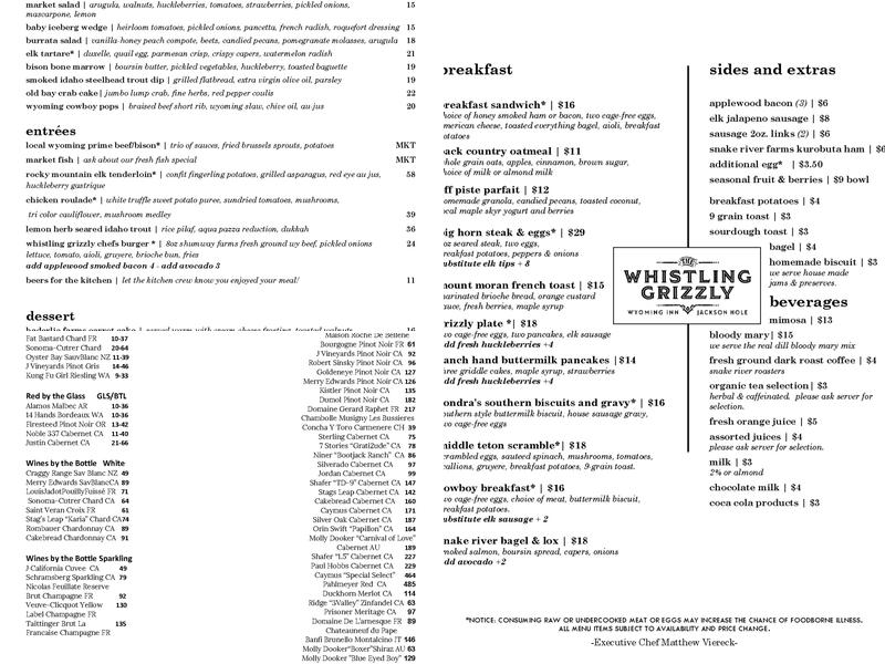 The Whistling Grizzly Restaurant Menu