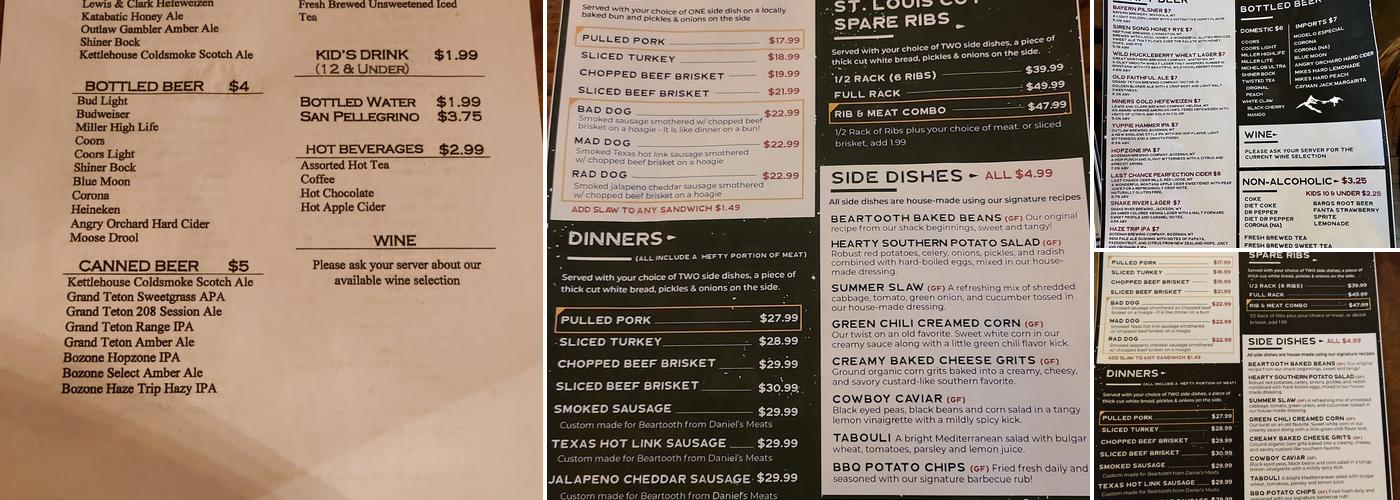 Beartooth Barbecue Menu