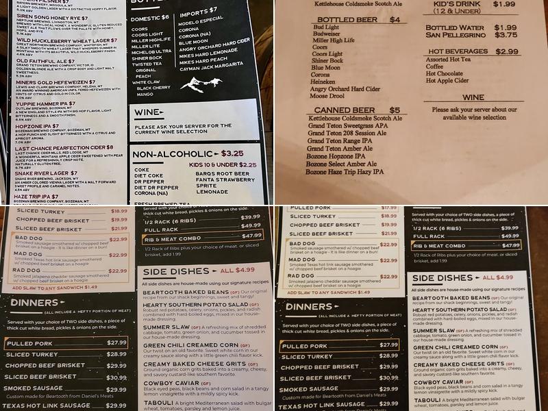 Beartooth Barbecue Menu