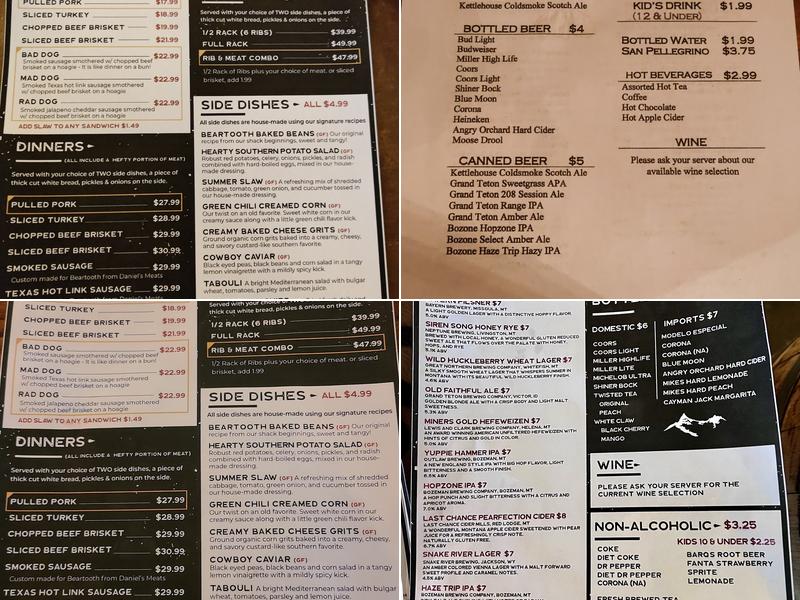 Beartooth Barbecue Menu