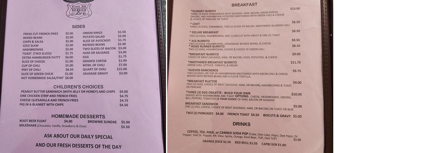 Exit 30 BBQ & Cafe Menu