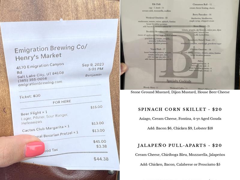 Emigration Brewing Co. Menu