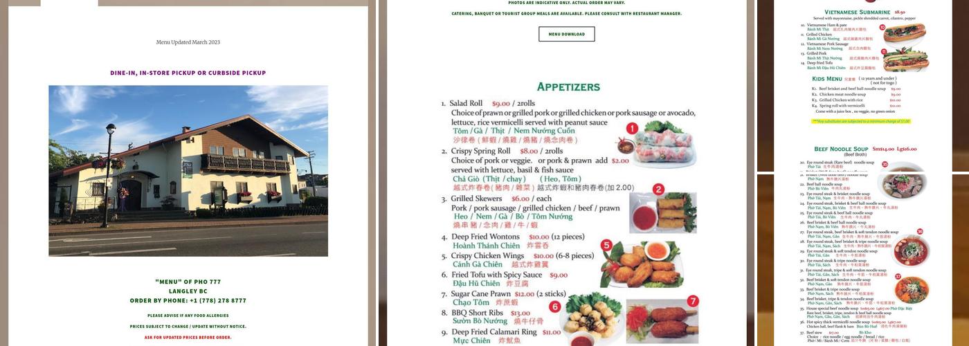 Pho 777 Vietnamese Restaurant Langley Menu