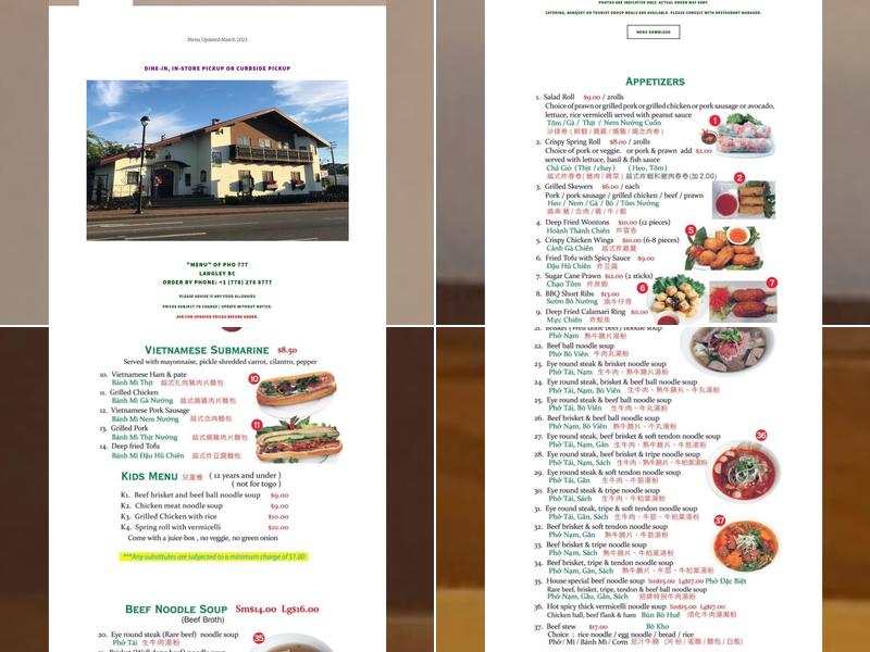 Pho 777 Vietnamese Restaurant Langley Menu