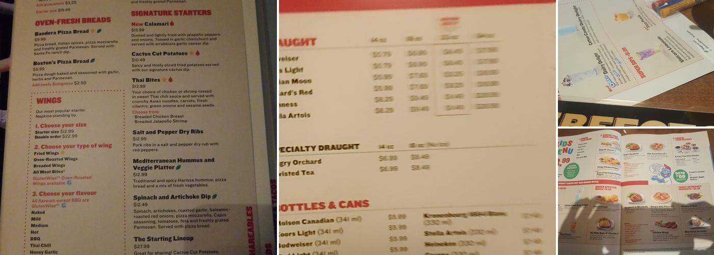Boston Pizza Menu