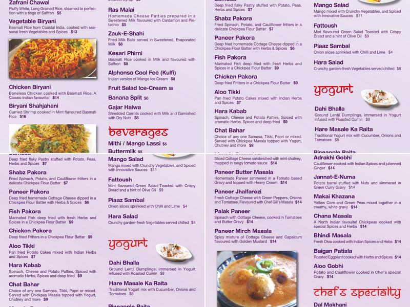 Chef of India Menu