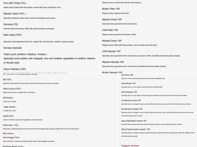 Hindu Temple Canteen Menu