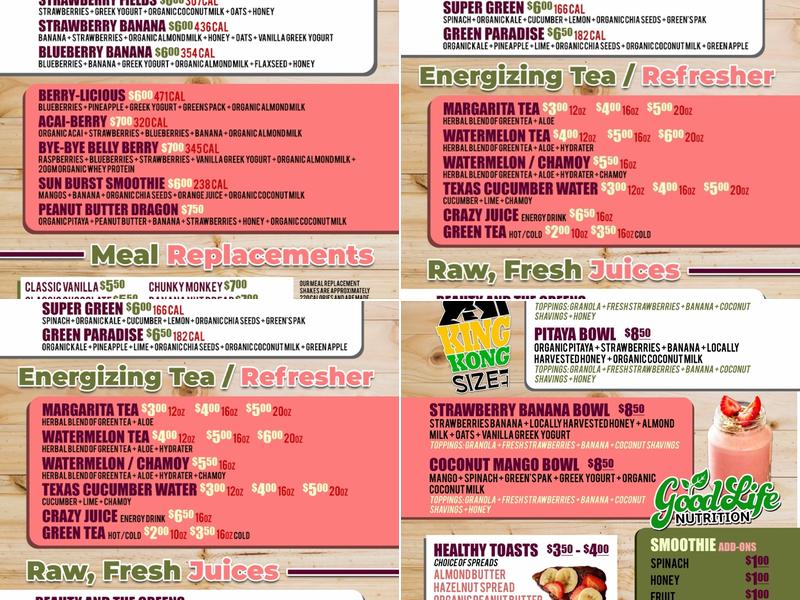 Good Life Nutrition Menu